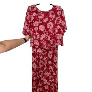 Adrianna Papell Set Skirt Top Floral Short Sleeve Silk Vintage Red Pink Size 16